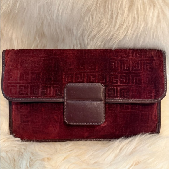 Pierre Balmain Handbags - Pierre Balmain Vintage 1970s Burgundy Embossed Suede & Leather Monogram Clutch